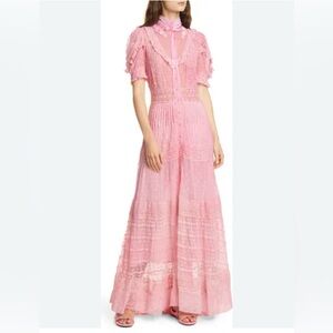 LoveShackFancy Pink Lace Tiered Maxi Dress